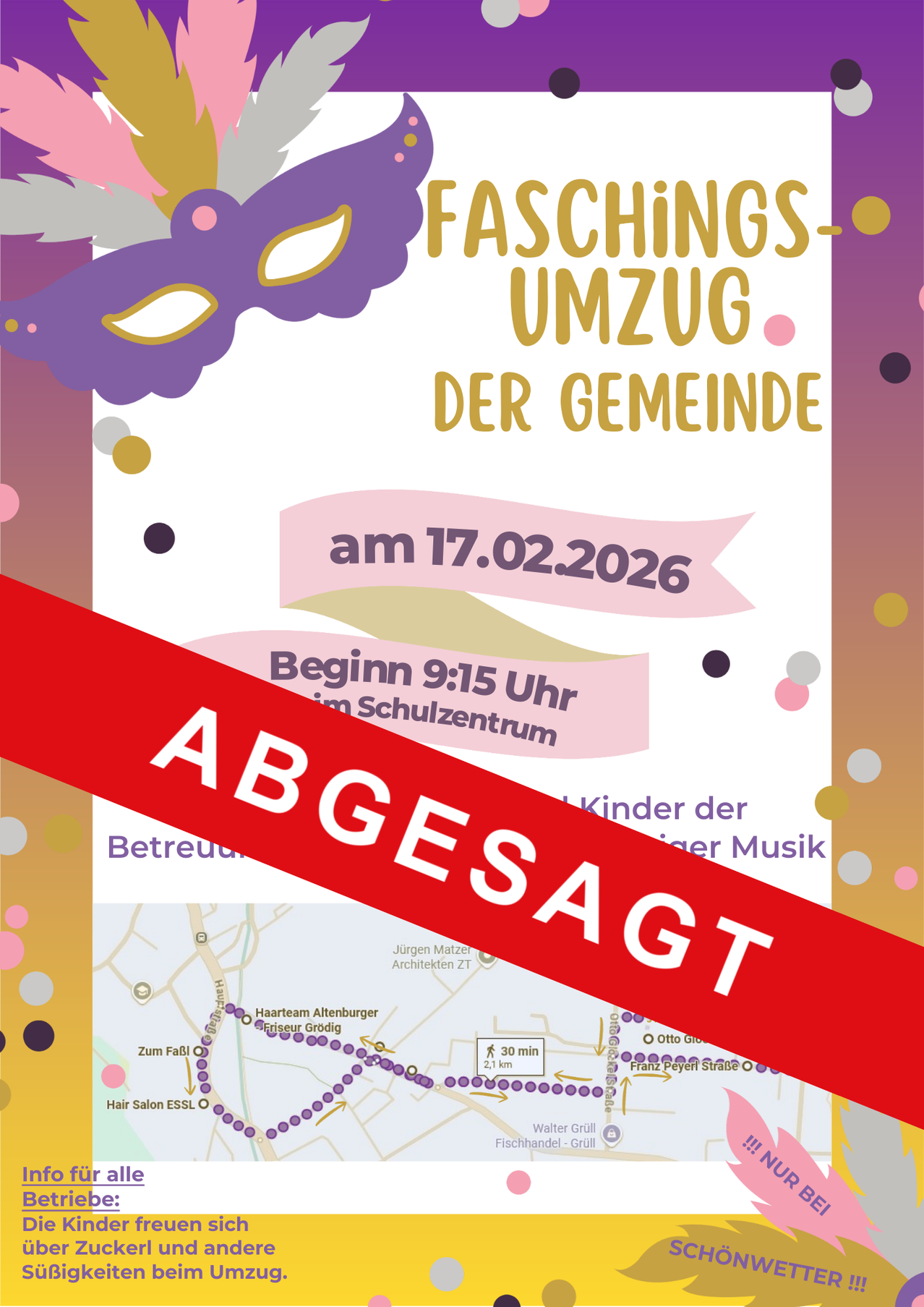 Poster for Faschingsumzug der Gemeinde event on February 17, 2026, starting at 9:15 AM at the Schulze Center, featuring a carnival mask and map.