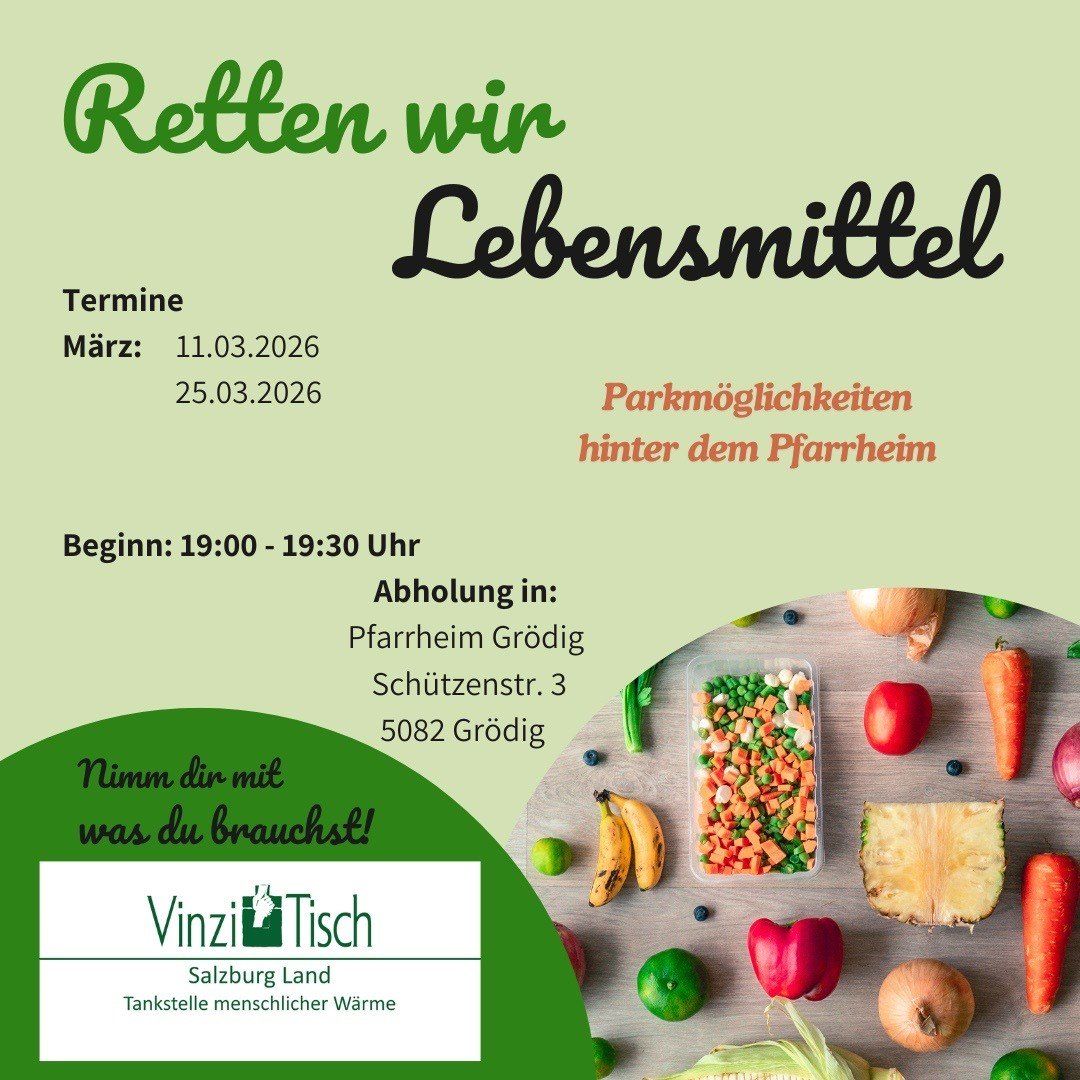 An advertisement poster for 'Retten win Lebensmittel' with dates March 11, 2026, and March 25, 2026. It features a variety of vegetables and fruits. The event starts at 19:00-19:30. Parking available behind the farm. Take what you need.