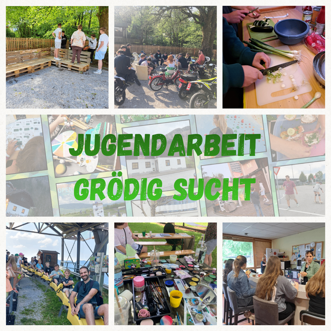 Eine Collage von Bildern, die Jugendaktivitäten zeigt, einschließlich Gartenarbeit, Malen und Outdoor-Versammlungen. Der Text auf Deutsch lautet 'Jugendarbeit sucht Größe.'