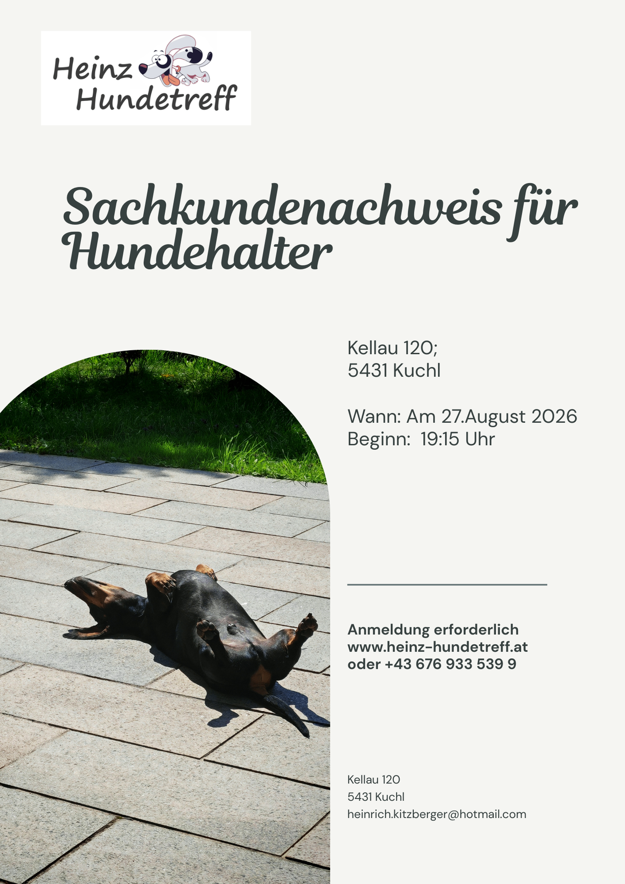 Ein schwarz-brauner Hund liegt auf dem Rücken auf einem gefliesten Boden mit einer Rasenfläche im Hintergrund. Der Text lautet 'Sachkundennachweis für Hundehalter' und gibt Details zu einer Veranstaltung am 27. August 2026.