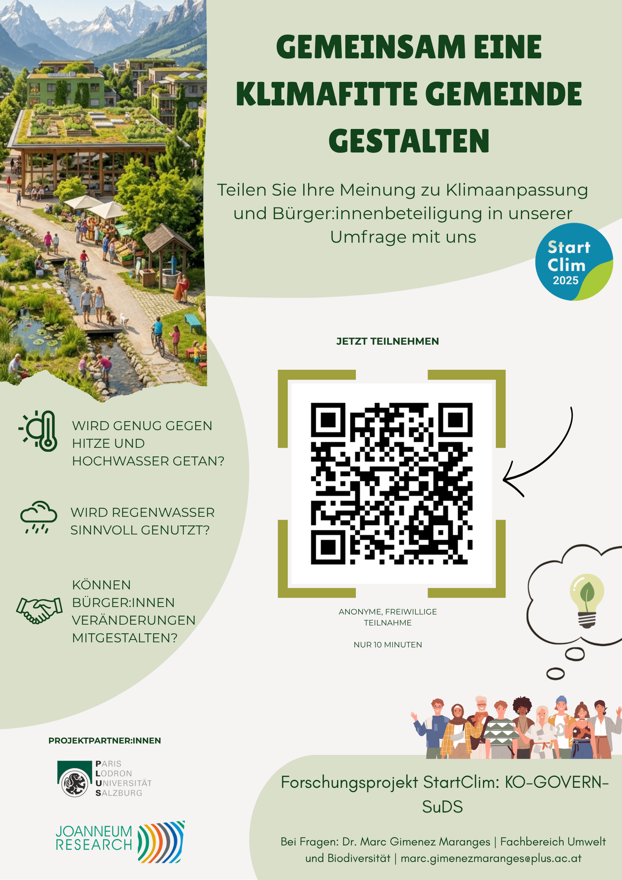 Ein Flyer mit einem QR-Code, der Bürger zur Teilnahme an einer Umfrage über Klimaanpassung und Bürgerbeteiligung einlädt. Der Flyer enthält Fragen zu Hitze, Hochwasser, Regenwassernutzung und Bürgerbeteiligung. Er zeigt auch eine Gruppe von Menschen, die zusammenstehen.