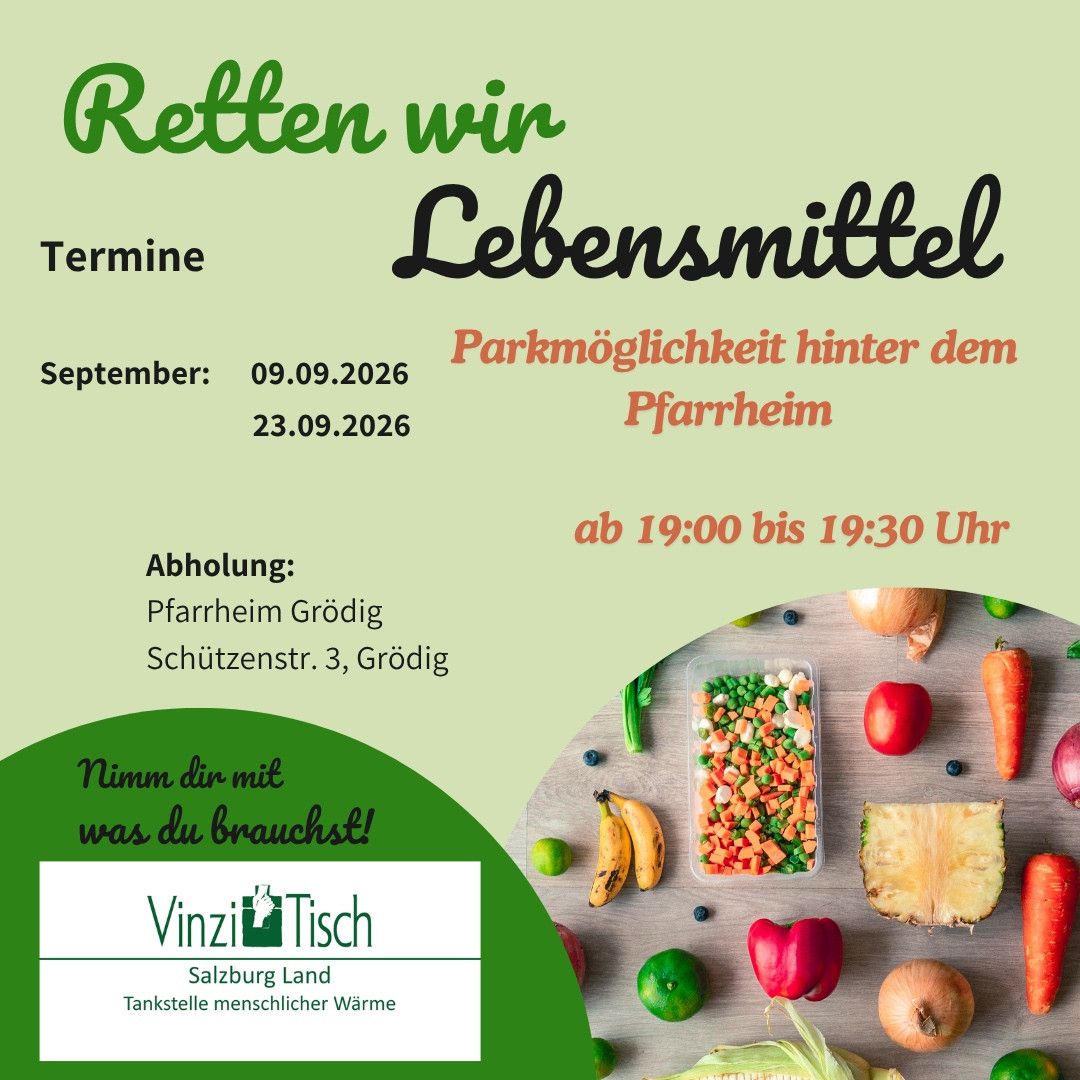 An advertisement for a food event called 'Retten win Lebensmittel' with dates September 9th and 23rd, 2026. It features a table with various fruits and vegetables.
