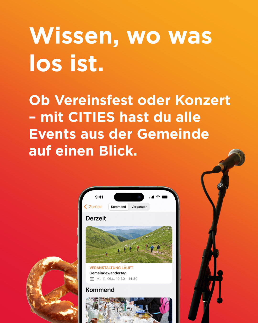 An advertisement for a community event app shows a phone with an event image, a microphone, and an orange background. It says, 'Know where to go. Whether a festival or concert, with CITIES you have all community events at a glance.'