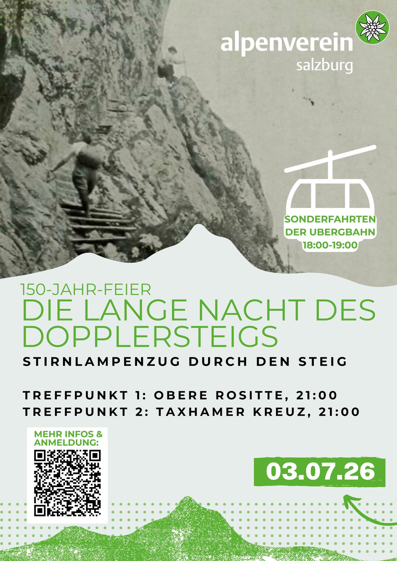 Ein Plakat bewirbt das 150-jährige Jubiläum der Langen Nacht des Doppelsteigs. Sonderfahrten von 18:00 bis 19:00 Uhr. Treffpunkte sind Obere Rositte um 21:00 Uhr und Taxhamer Kreuz um 21:00 Uhr. QR-Code für weitere Informationen. Datum: 03.07.2026.