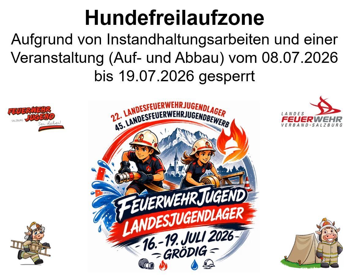 Das Plakat bewirbt eine Jugendveranstaltung mit einem Feuerwehrmann und einer Feuerwehrfrau, mit Text über einen Hundelaufbereich, der vom 08.07.2026 bis 19.07.2026 wegen Wartungsarbeiten gesperrt ist. Die Veranstaltung heißt 'Feuerwehr Jugend Landesjugendlager'.
