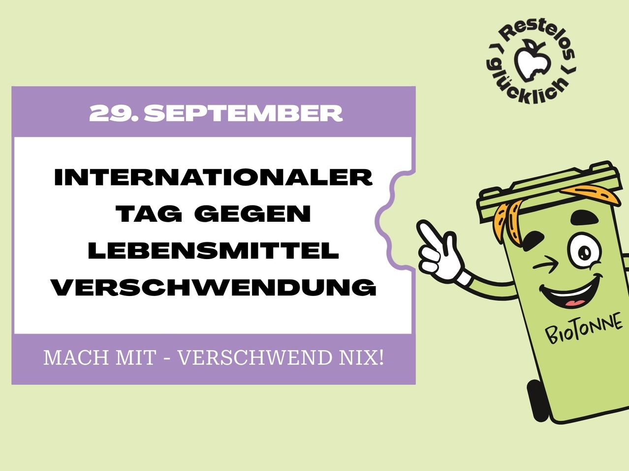Eine Illustration eines grünen Mülleimers mit einem lächelnden Gesicht und einer Banane darauf, die den Internationalen Tag gegen Lebensmittelverschwendung am 29. September bewirbt.