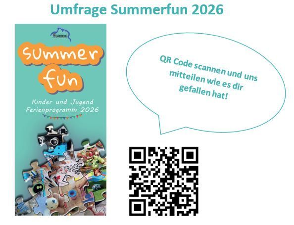 Ein Plakat für ein Kinder-Sommerprogramm im Jahr 2026. Das Plakat zeigt eine Collage aus Puzzleteilen mit verschiedenen Bildern von spielenden Kindern, einem QR-Code und einer Sprechblase mit deutschem Text.