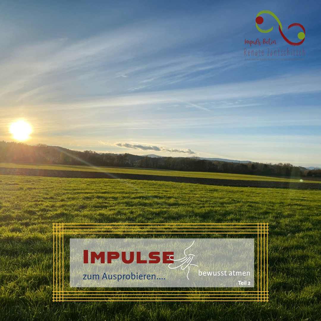 Eine sonnige Landschaft mit einem weitläufigen grünen Feld, einer Bergkette in der Ferne und einem blauen Himmel mit Wolken. 'IMPULSE zum Ausprobieren...' steht in einem Rahmen am unteren Rand.