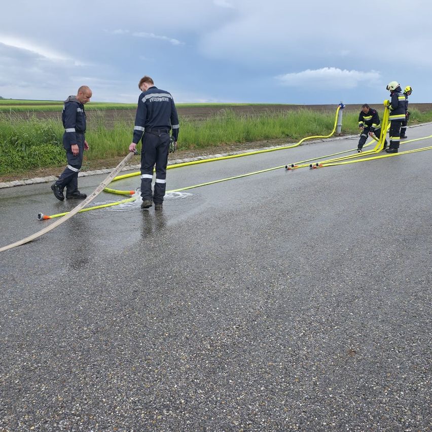 Einige Feuerwehrleute legen Schläuche auf einer Straße aus, wahrscheinlich für eine Trainingsübung. Einer hält einen Schlauch, während zwei andere die Schläuche auf dem Boden anpassen.