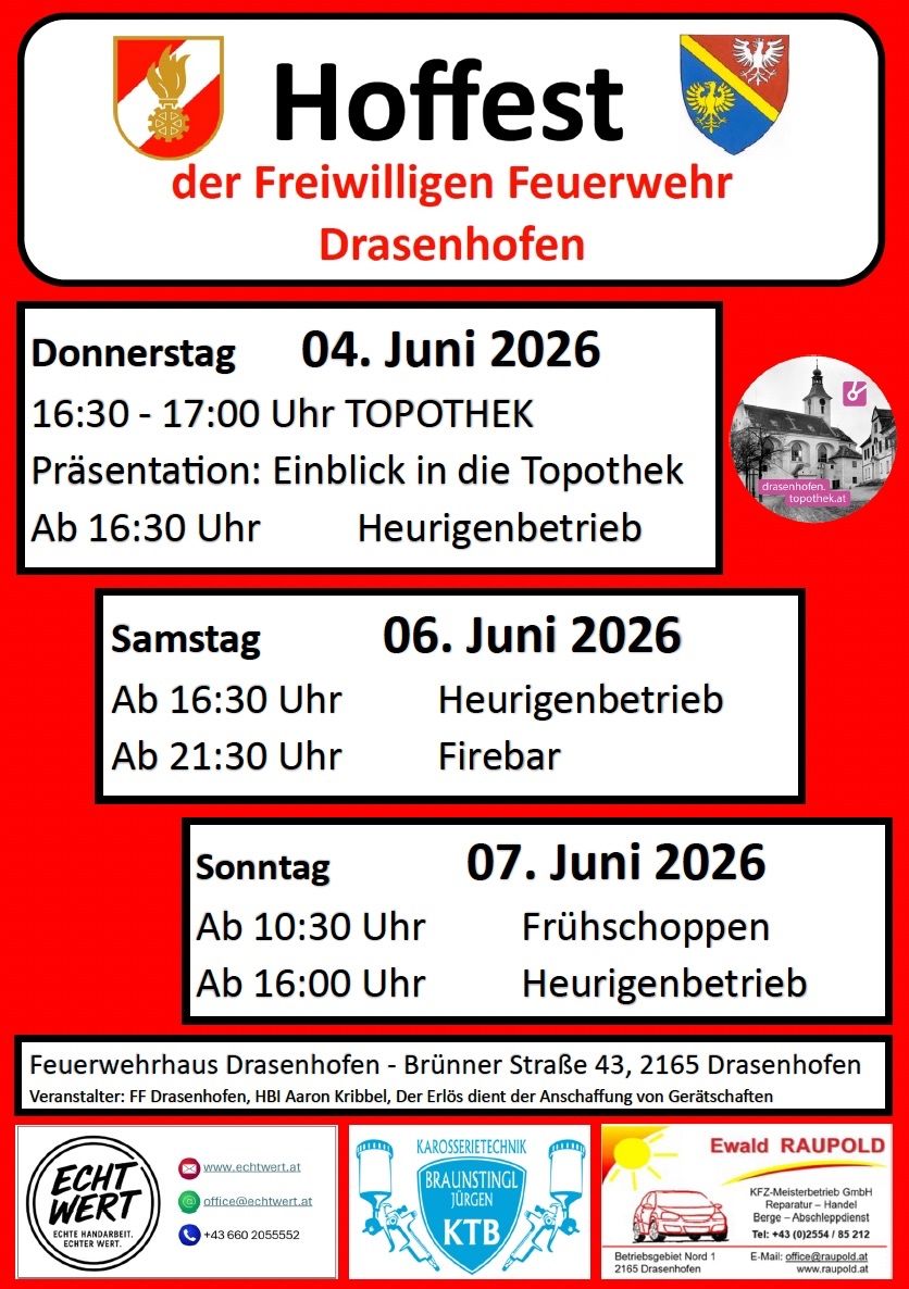 Drasenhofen Veranstaltungstermine. Donnerstag, 4. Juni 2026 von 16:30-17:00. Präsentation über die Topothek. Samstag, 6. Juni 2026 von 16:30-21:30. Sonntag, 7. Juni 2026 von 10:30-16:00.