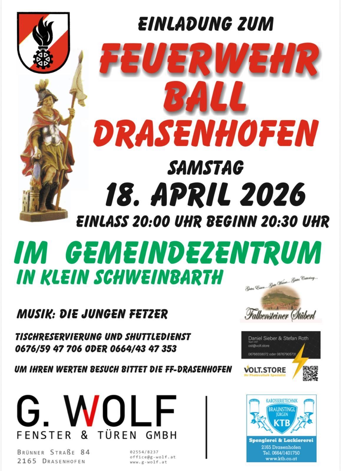 Ein Plakat für die Fleurverk Ball Drasenhofen Veranstaltung am 18. April 2026 um 20:00 Uhr in Klein Schweinbarth. Zeigt eine römische Soldatenstatue und QR-Codes.