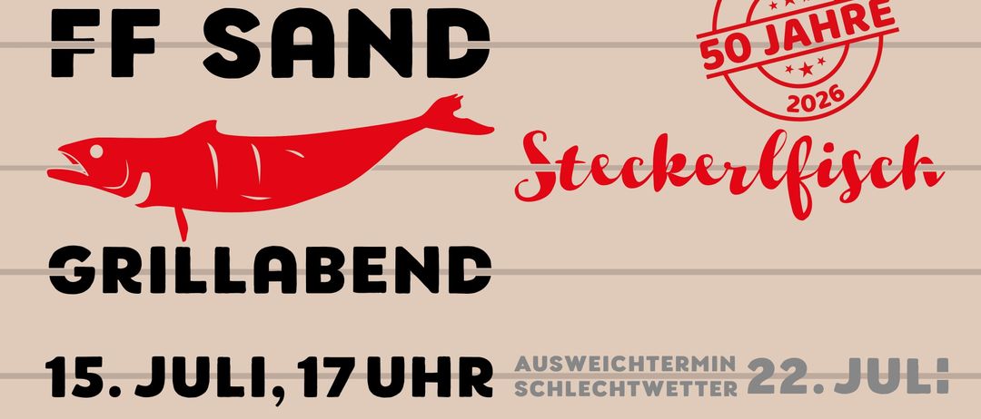 Plakat für ein Sand Steckerlabend-Event am 1. Juli, 17 Uhr. Es enthält eine rote Fischgrafik.
