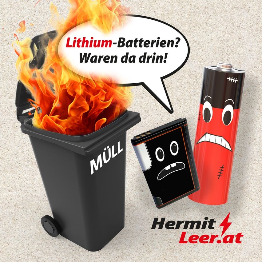 An image shows a trash can with burning lithium batteries and a speech bubble saying 'Lithium-Batterien? Waren da drin!' Two batteries, one with a sad face, are beside it.