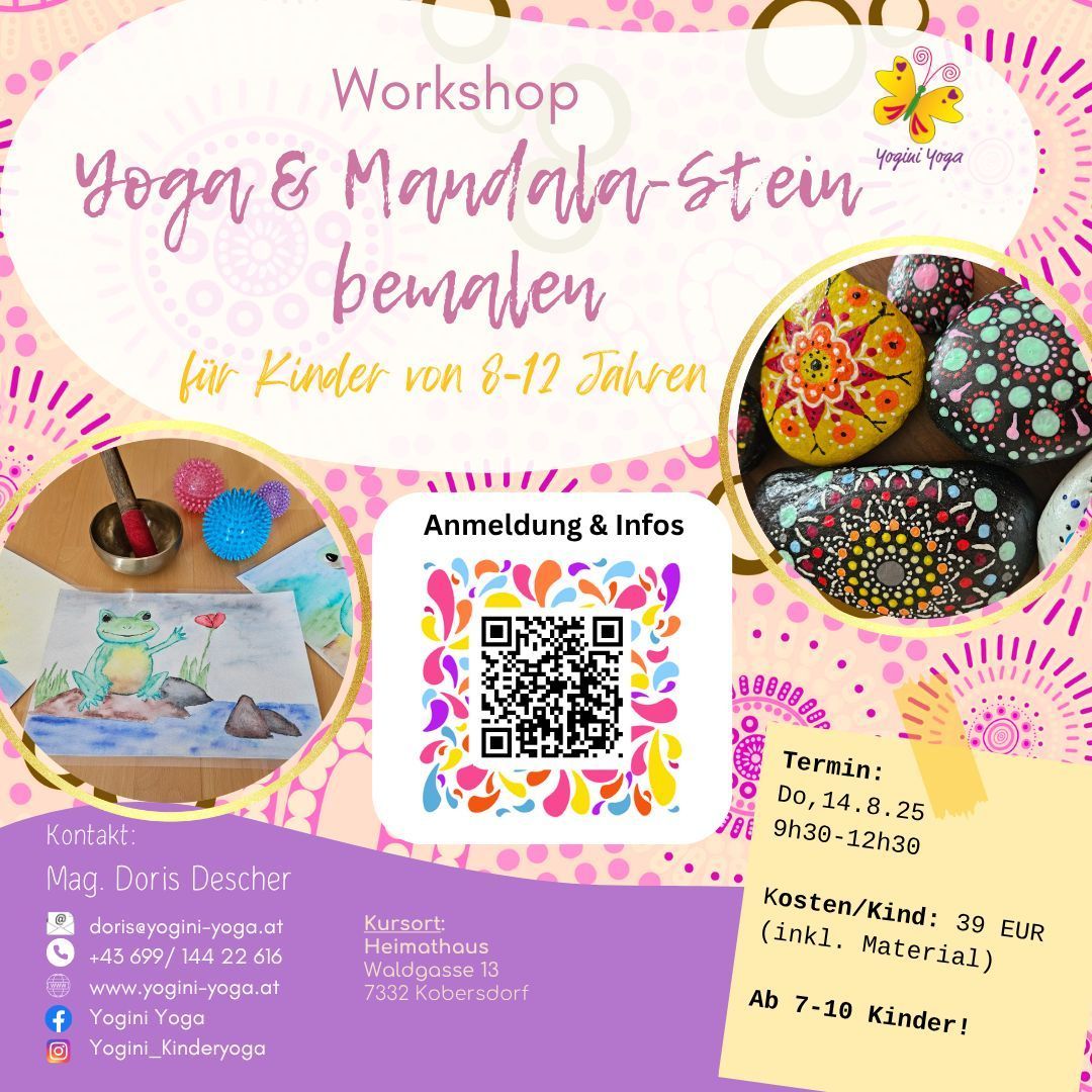 Ein Plakat für ein Workshop mit Yoga und Mandala-Malerei für Kinder im Alter von 8-12 Jahren. Das Plakat enthält einen QR-Code, Kontaktdaten und Details zum Datum und Ort des Workshops.