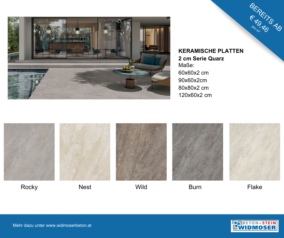 Ein Bild verschiedener Keramikfliesen mit angezeigten Größen und Namen sowie einem Website-Link am unteren Rand.