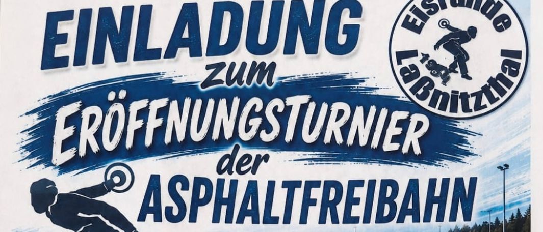 Plakat für eine Stocksportveranstaltung bei Asphaltfreibahn mit Skater, Pokal und lächelndem Gesicht. Details zu Datum, Uhrzeit und Eintrittsgebühr.