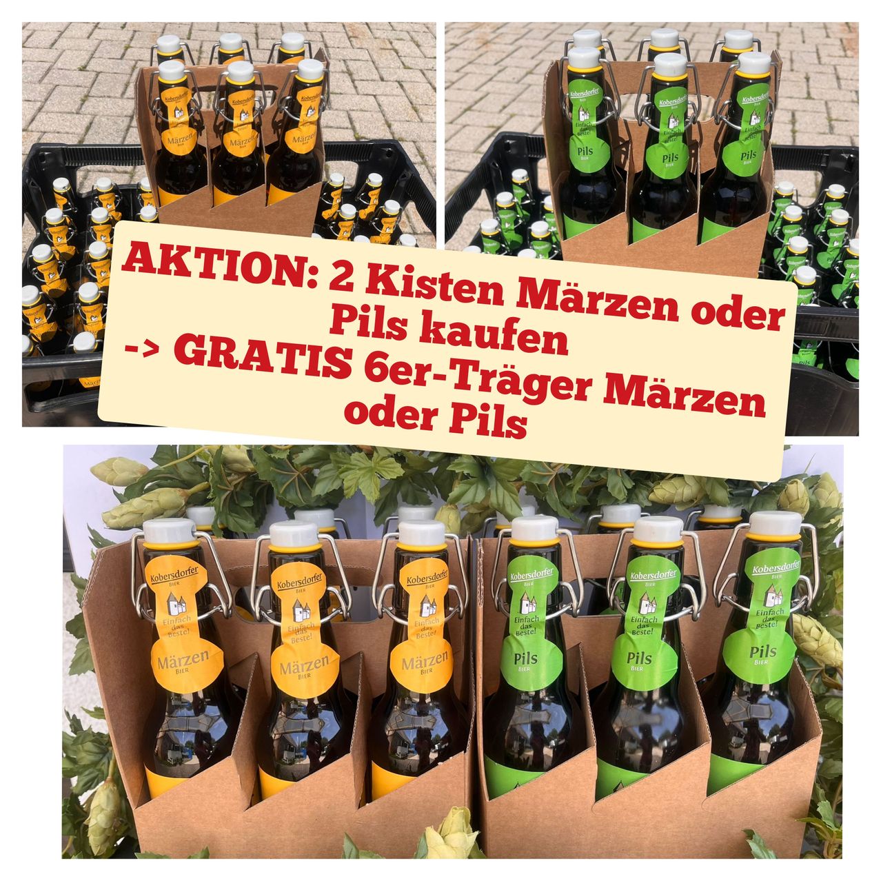 Bild von Bierflaschen in braunen Kisten. Ein Textüberlagerung lautet 'AKTION: 2 Kisten Märzen oder Pils kaufen -> GRATIS 6er-Träger Märzen oder Pils.' Der untere Teil zeigt Flaschen mit dem Etikett 'Märzen' oder 'Pils'.