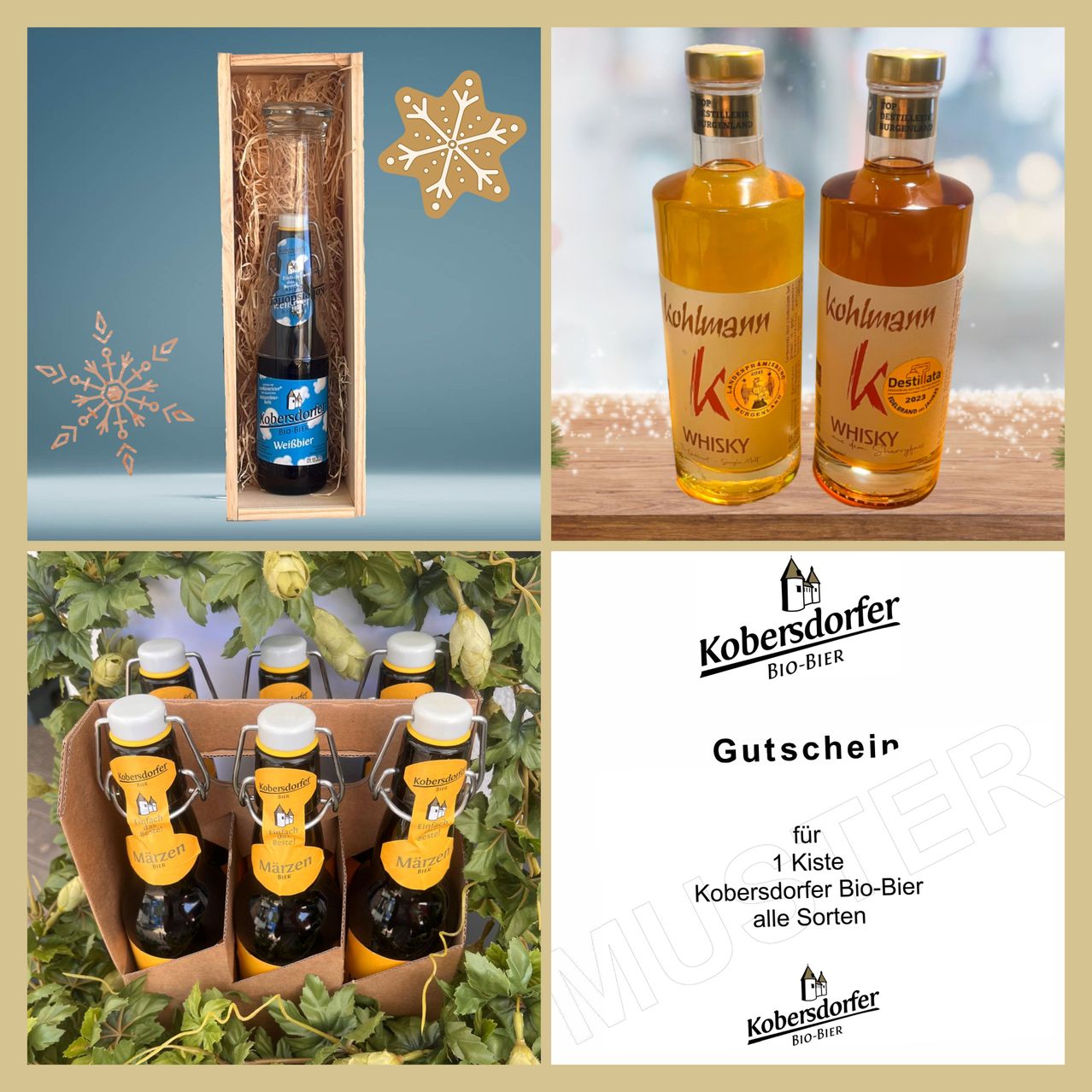 Eine Collage aus vier Bildern: eine Flasche in einer Holzkiste, zwei Flaschen Whiskey, ein Geschenkkarton mit sechs Bierflaschen und ein Gutschein für ein Bier-Geschenkset.
