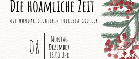 Ein Flyer kündigt ein gemütliches Event mit der lokalen Geschichtenerzählerin Theresa Groller am 8. Dezember um 16 Uhr in der Wechsellandbucherei, Hauptstrasse 1, 8240 Friedberg, an. Musikalisch begleitet von Karl & Karl freut sich das Team der Bucherei auf Ihren Besuch! Eintritt frei.