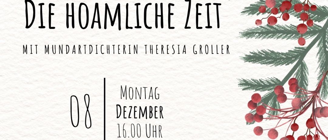 Ein Flyer kündigt ein gemütliches Event mit der lokalen Geschichtenerzählerin Theresa Groller am 8. Dezember um 16 Uhr in der Wechsellandbucherei, Hauptstrasse 1, 8240 Friedberg, an. Musikalisch begleitet von Karl & Karl freut sich das Team der Bucherei auf Ihren Besuch! Eintritt frei.