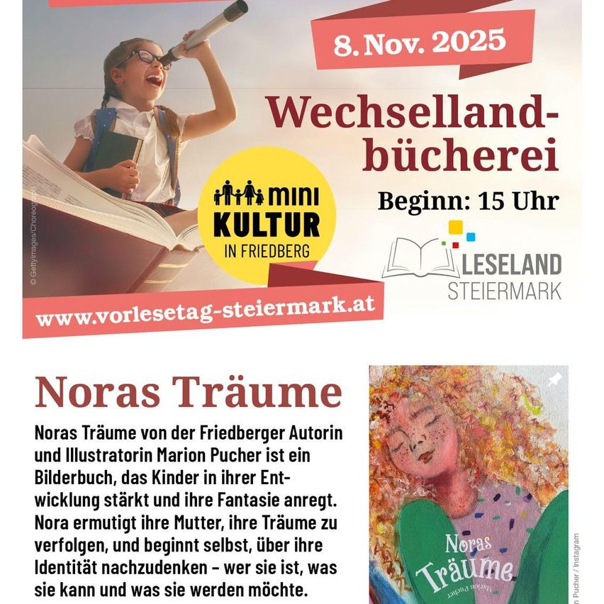 Ein Veranstaltungsplakat für 'Wechsellaendbucherei' in Friedberg. Ein Kind schaut durch ein Teleskop. Die Veranstaltung beginnt am 8. November 2025 um 15 Uhr. Ein Buch mit dem Titel 'Noras Träume' ist zu sehen, auf dem ein Kind schläft.