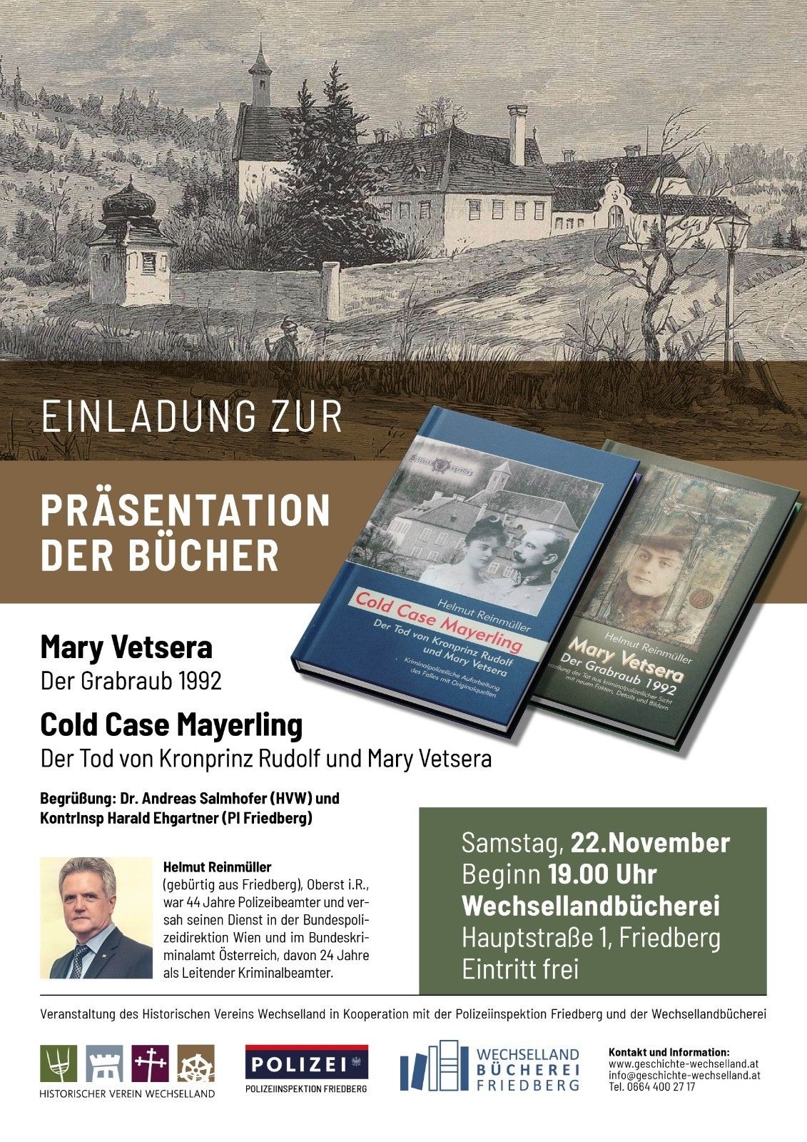 An invitation to present books. Two books are shown with images of Mary Vetsera and a man. Text reads 'Mary Vetsera Cold Case Mayerling.' A photo of a man in formal attire. Date and time of event are provided.