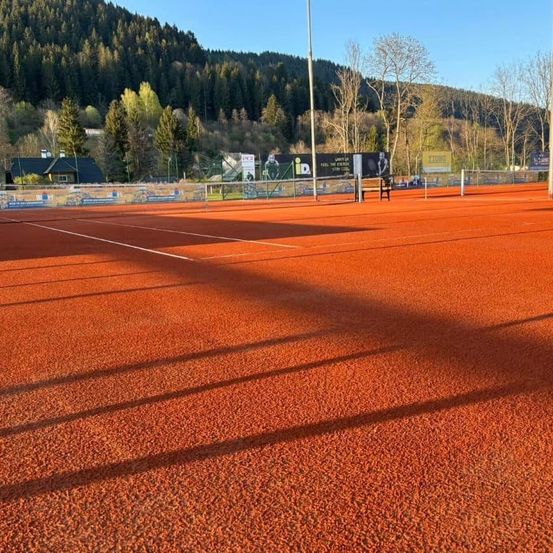 Ein leerer roter Tennisplatz mit Netz und Bank, umgeben von Bäumen und einem entfernten Haus unter einem klaren Himmel.
