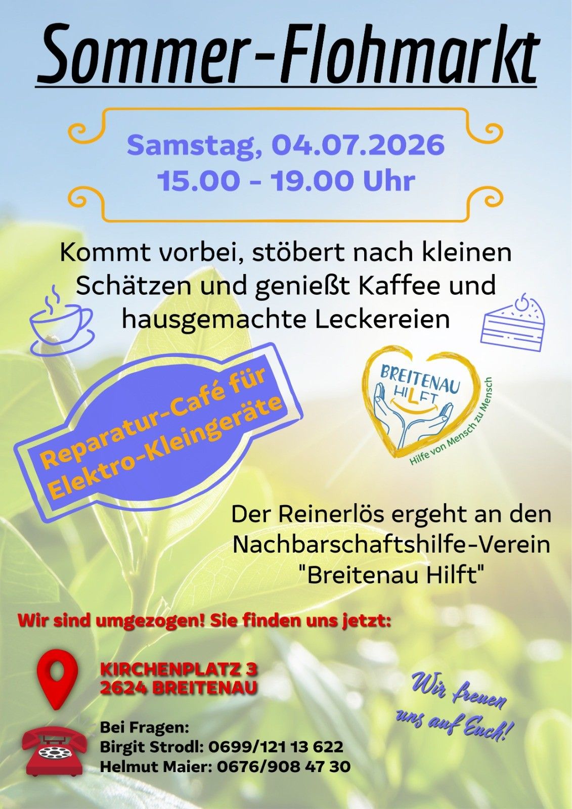 Reparatur-Café-Veranstaltung am 04.07.2026 von 15:00 bis 19:00 Uhr. Kommt vorbei, bringt kleine Gegenstände zur Reparatur mit und genießt Kaffee und hausgemachte Leckereien. Tretet Breitenau Hilft bei, einem Nachbarschaftshilfe-Verein. Ort: Kirchplatz 3, 2624 Breitenau.