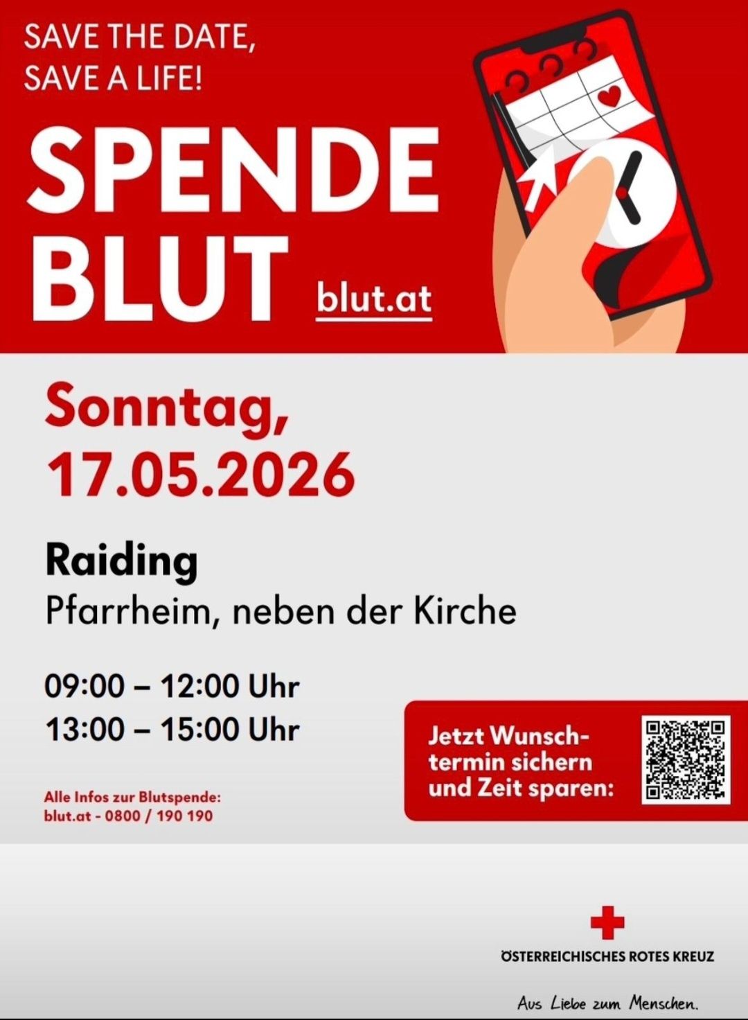 Poster for blood donation event on May 17, 2026. Location: Pfarrheim, next to the church. Times: 9:00-12:00, 13:00-15:00. QR code for appointment booking.