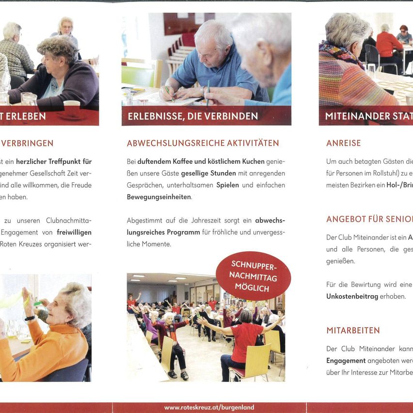 Ein Flyer für einen Seniorenclub mit Bildern von älteren Menschen, die verschiedene Aktivitäten ausüben, einschließlich einer Gruppenaufnahme, einer Person beim Schreiben und einer Gruppe von Menschen, die sitzen und reden. Der Flyer hebt die Aktivitäten des Clubs, die Mitgliedschaft und die Vorteile des Beitritts hervor.