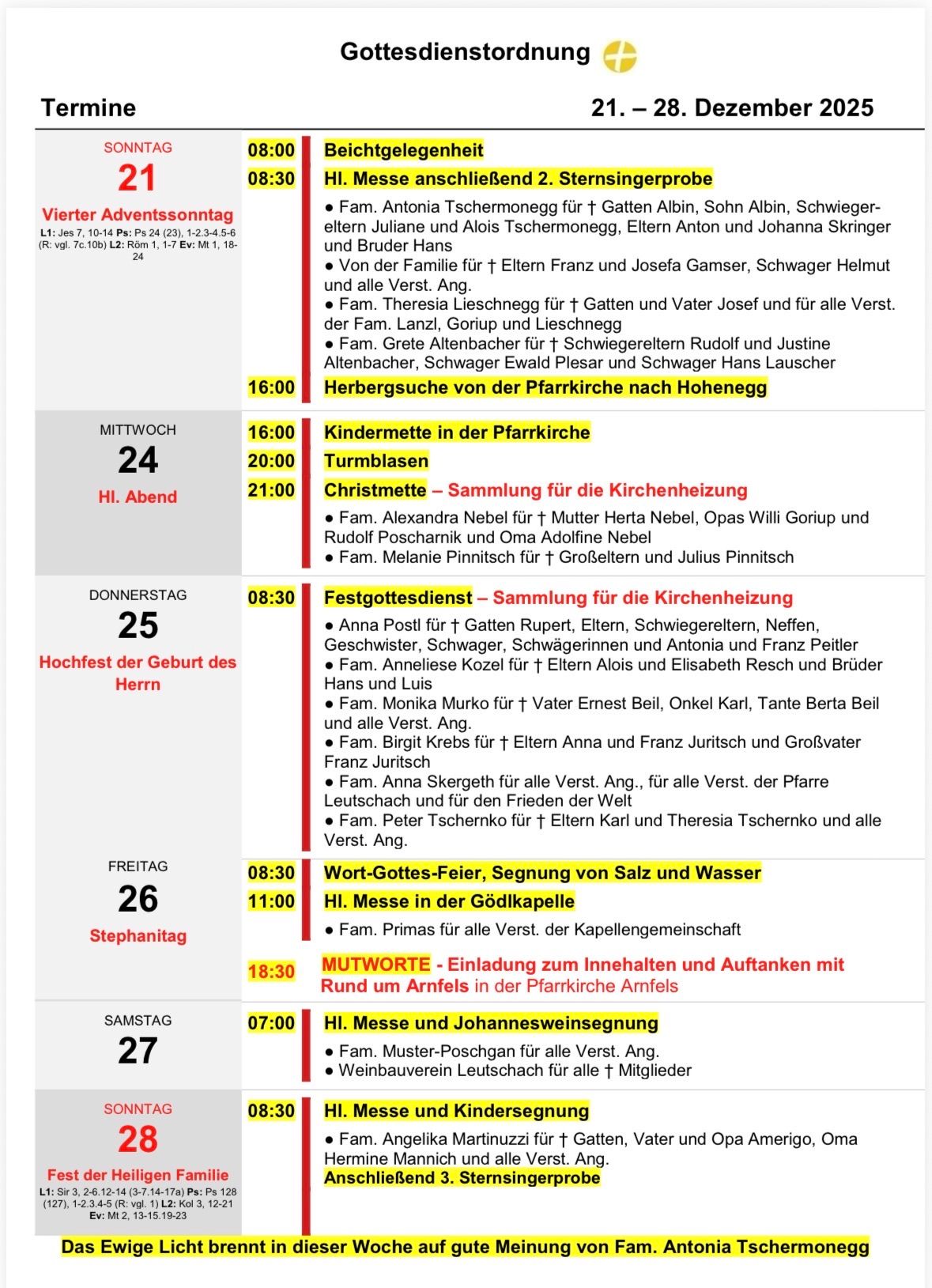 Das Bild zeigt einen Zeitplan für religiöse Dienstleistungen und Veranstaltungen in einer Kirche, einschließlich Messen, Taufen und Segnungen, mit spezifischen Zeiten und Daten. Bemerkenswerte Ereignisse sind die Messe am Ersten Adventssonntag und der Weihnachtsabendgottesdienst. Der Zeitplan ist zweisprachig, mit deutschen Übersetzungen.