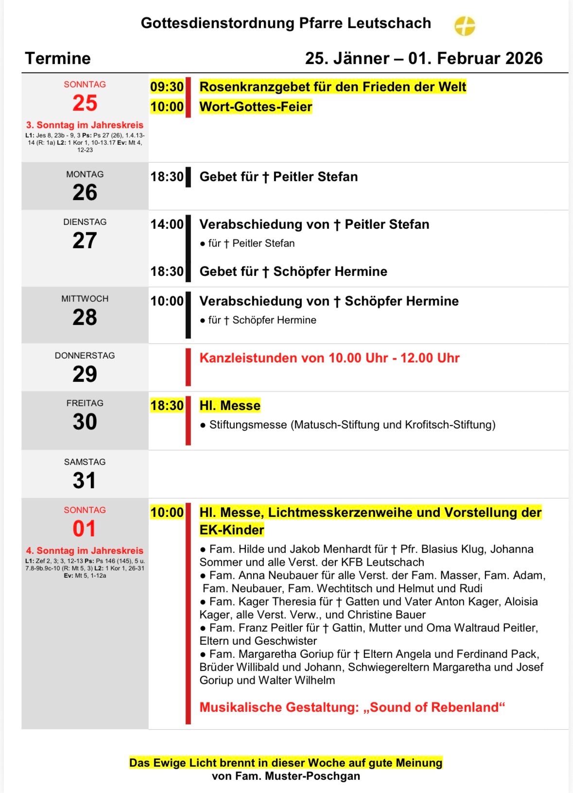 Veranstaltungsplan für Sonntage im Kirchenjahr. Der erste Sonntag ist am 8. Januar, und der letzte ist am 11. Dezember. Der Plan umfasst Gebetszeiten, Familienmessen und Lichtervorführungen. Jeder Sonntag hat spezifische Themen und Familienmessen.