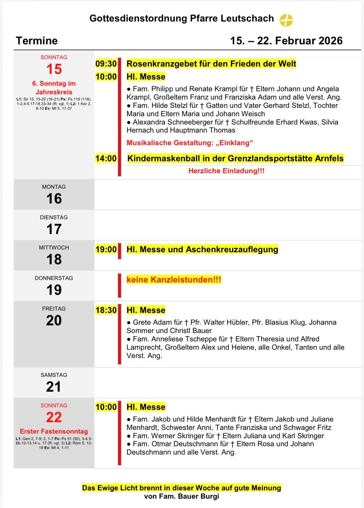 A weekly schedule shows various activities including family masses, a children's mask ball, and gift exchanges. The schedule is in German and includes dates and times for each event.