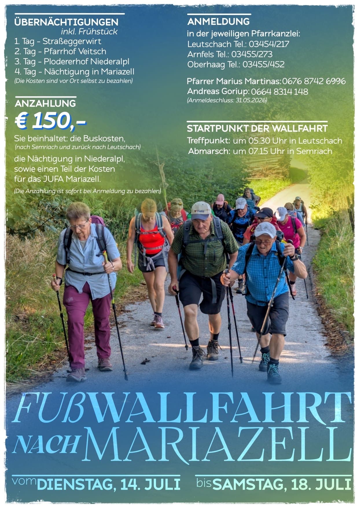 Eine Gruppe von Wanderern wandert. Buskosten, Unterkunft und ein Teil der JUfa-Kosten sind inbegriffen. Anmeldeschluss: 31.05.2026.