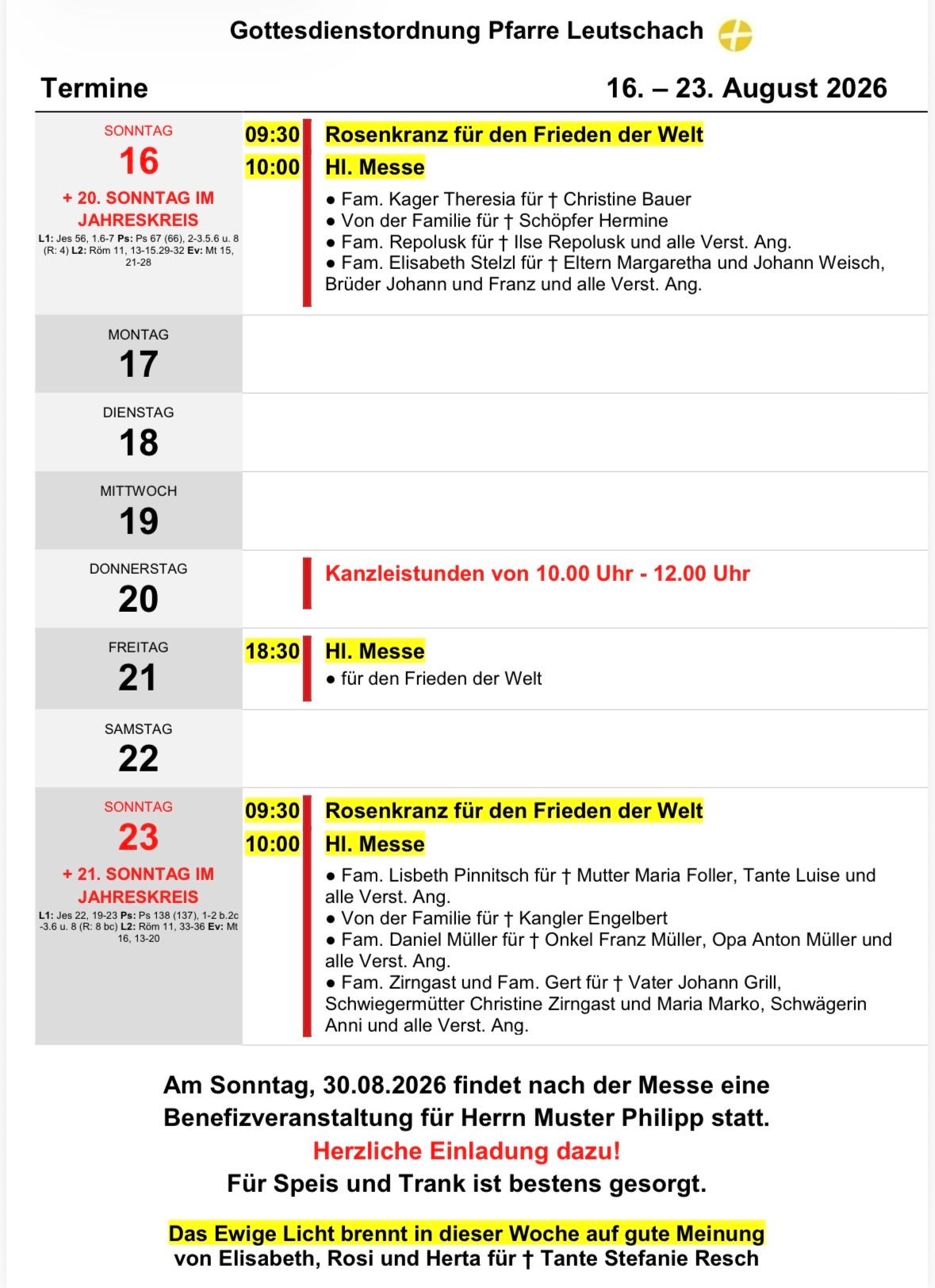 A schedule for church services on various days, including dates, times, and names of individuals for whom masses are being offered. The schedule is divided into sections for different days of the week.