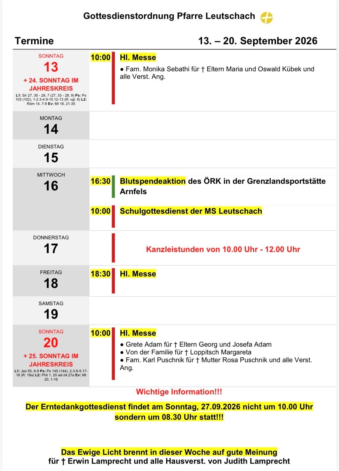 Ein wöchentlicher Zeitplan mit Veranstaltungen für jeden Tag von Montag bis Sonntag. Jede Veranstaltung enthält eine Uhrzeit, eine kurze Beschreibung und einen Familiennamen. Der Zeitplan enthält auch spezielle Hinweise für bestimmte Sonntage.