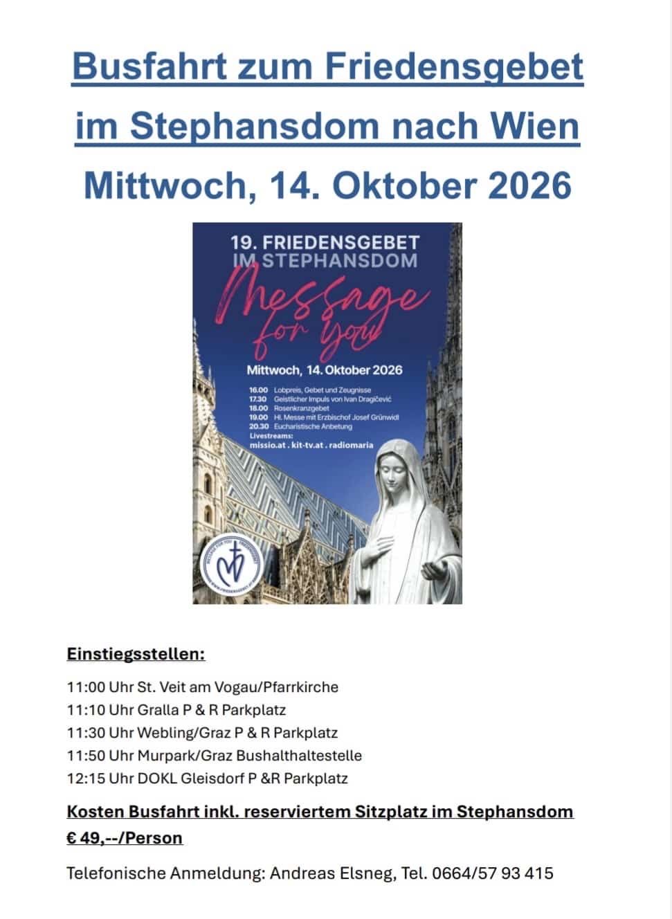 Ein Flyer für eine religiöse Veranstaltung in Stephansdom, Wien, am 14. Oktober 2026. Der Flyer enthält einen Zeitplan der Aktivitäten, ein Bild einer Statue und ein Logo.