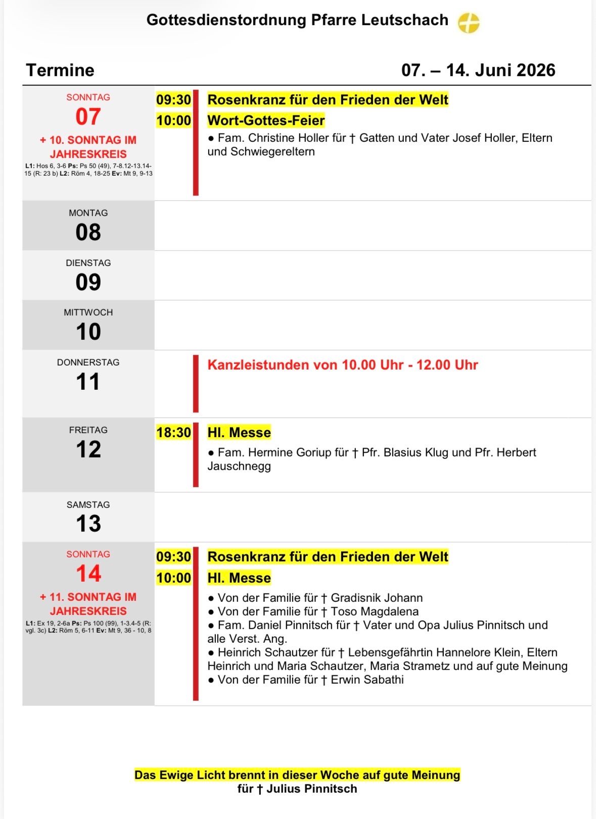 Ein Zeitplan zeigt Daten und Ereignisse. Montag, der 8., hat einen Familiengottesdienst für Gatten und Vater. Freitag, der 12., hat einen Familiengottesdienst für Pf. Blasius. Samstag, der 13., hat einen Familiengottesdienst für Vater und Opa. Sonntag, der 14., hat einen Familiengottesdienst für Gradisnik, Magdalena und andere.