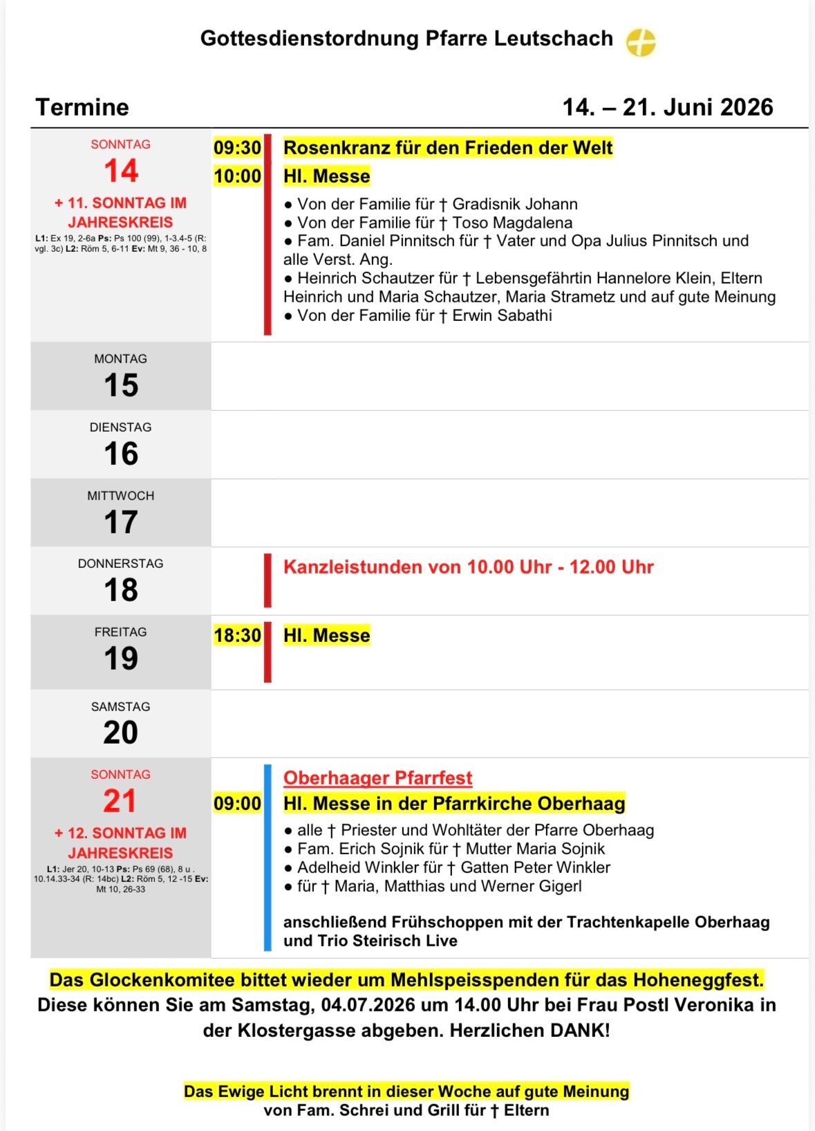 Das Bild zeigt einen Zeitplan von Messen und Veranstaltungen in einer Kirche. Am Montag findet um 10:00 Uhr eine Messe für verschiedene Familienmitglieder statt. Am Freitag ist eine Messe um 18:30 Uhr. Am Sonntag wird um 9:00 Uhr ein Oberhaager Pfarrfest abgehalten.