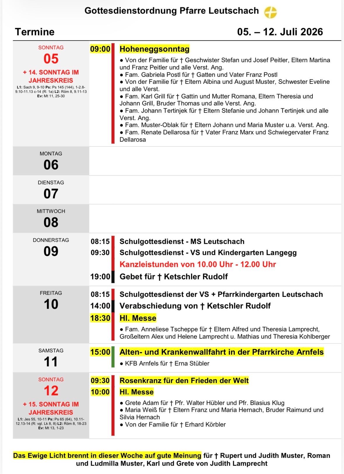 A schedule for the week with church services, masses, and events. Dates and times are listed for each day, including family names for specific events.