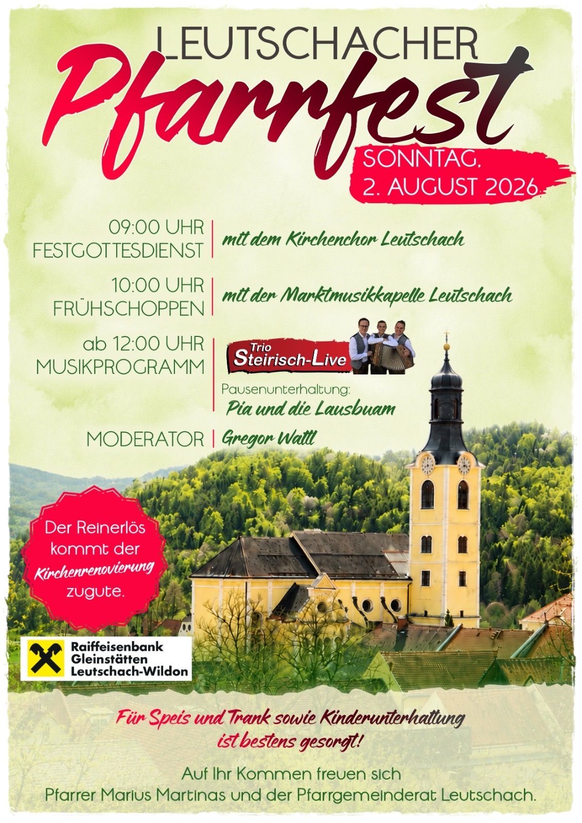 Event poster for church renovation. Sunday, August 2, 2026. Service at 9 AM, breakfast at 10 AM, music program at 12 PM. Church bell tower, trees, and mountains in the background.