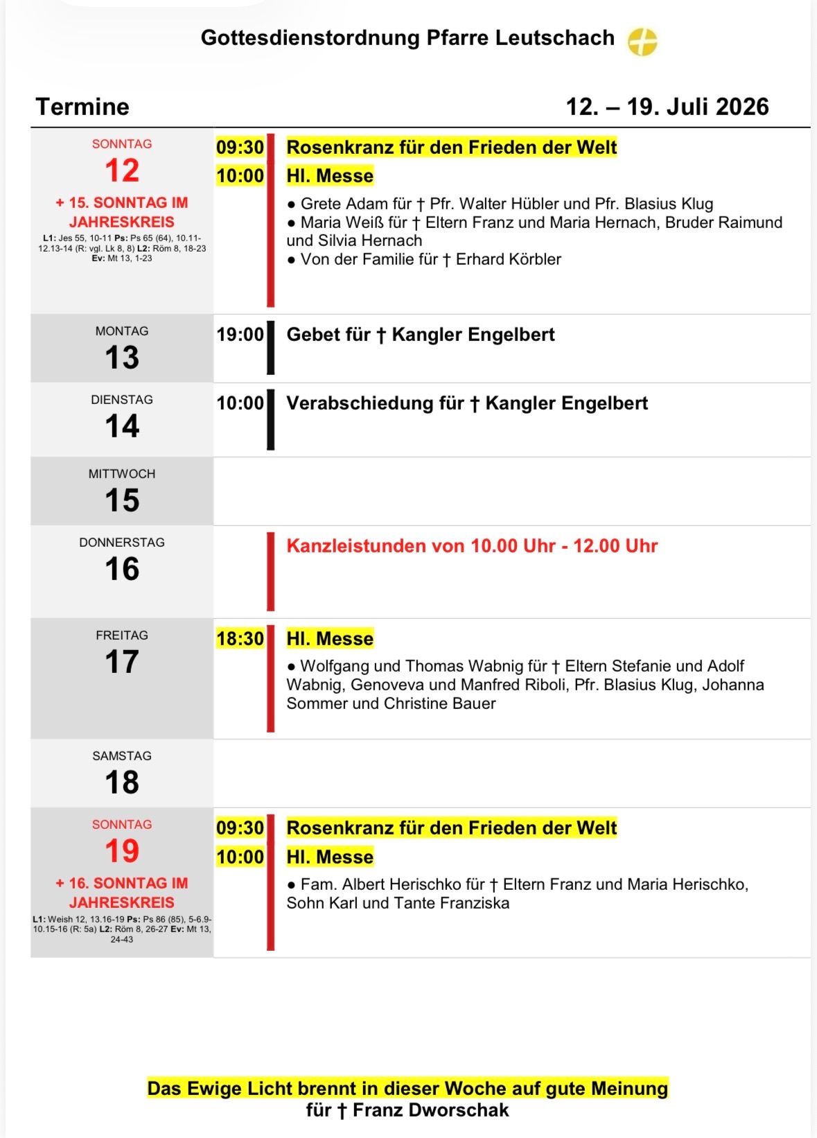 A weekly schedule for church services and events, including details about the services, the people involved, and the dates. The schedule is in German.