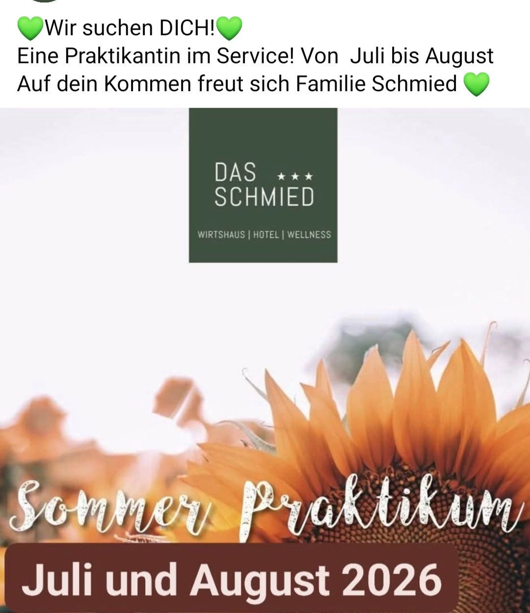 Werbung für ein Sommerpraktikum bei einem Unternehmen namens Das Schmied von Juli bis August. Sonnenblumen und ein Herz sind abgebildet.