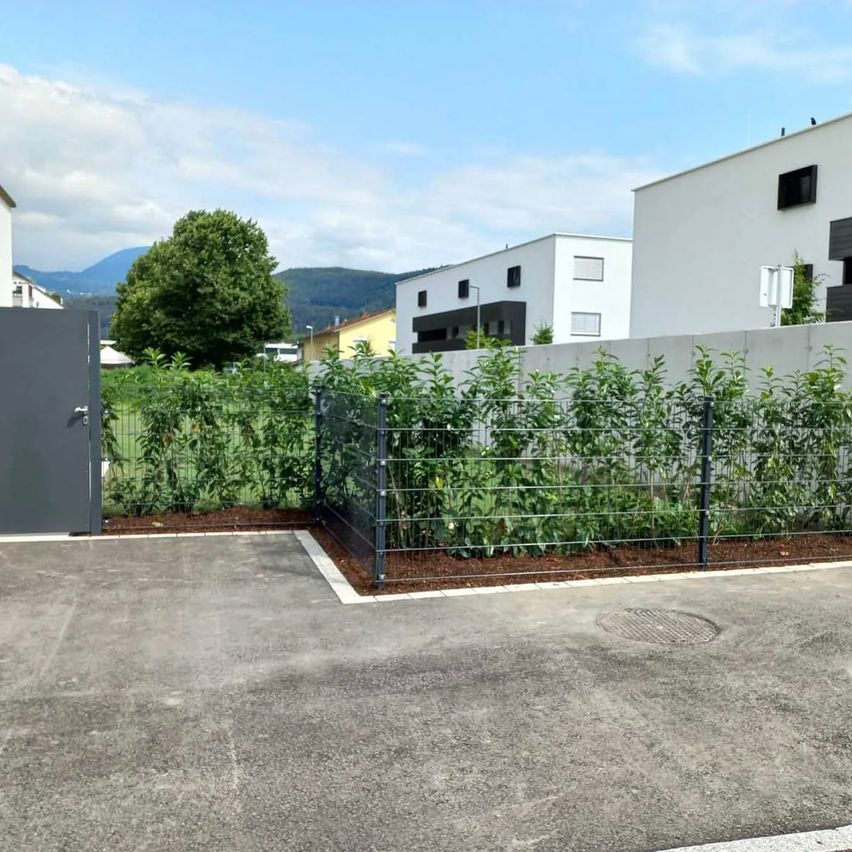 Ein modernes Wohngebiet mit Garten und Zaun. Eine Betonauffahrt führt zu einem grauen Tor. Dahinter befinden sich moderne Gebäude mit Glasfenstern. In der Ferne Berge und ein Baum.