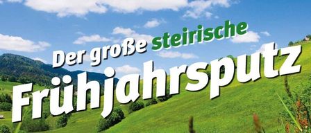 Ein Bild, das ein saftiges grünes Feld mit Bergen im Hintergrund zeigt. Der Text lautet 'Der große Frühlingsputz' auf Deutsch und deutet auf eine Frühjahrsputzaktion hin.