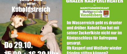 Ein Bild einer Puppe, die eine Karotte hält, mit Text über ein Wasserreich, Zuckerkiste und Königsschloss. Zeit: 16:30.