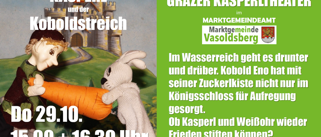 Ein Bild einer Puppe, die eine Karotte hält, mit Text über ein Wasserreich, Zuckerkiste und Königsschloss. Zeit: 16:30.