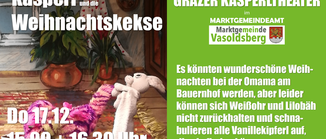 Werbeplakat für Grazer Kaspi auf einem Bauernmarkt. Zeit 16:30. Text: 'Sie können auf dem Bauernhof schlafen. Weiße Kaninchen können all der Vanille nicht widerstehen, die sie finden.'