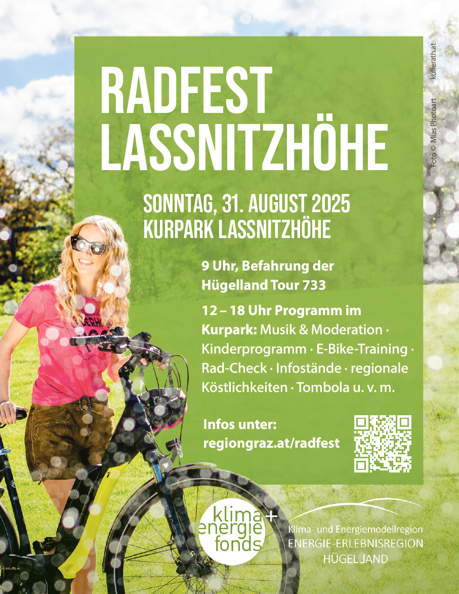 Plakat für Radfest Lassnitzhöhe. Zeigt eine Frau auf einem Fahrrad, einen QR-Code und Details über die Veranstaltung am 31. August 2025. Beinhaltet Aktivitäten wie Musik, ein Kinderprogramm und E-Bike-Training.