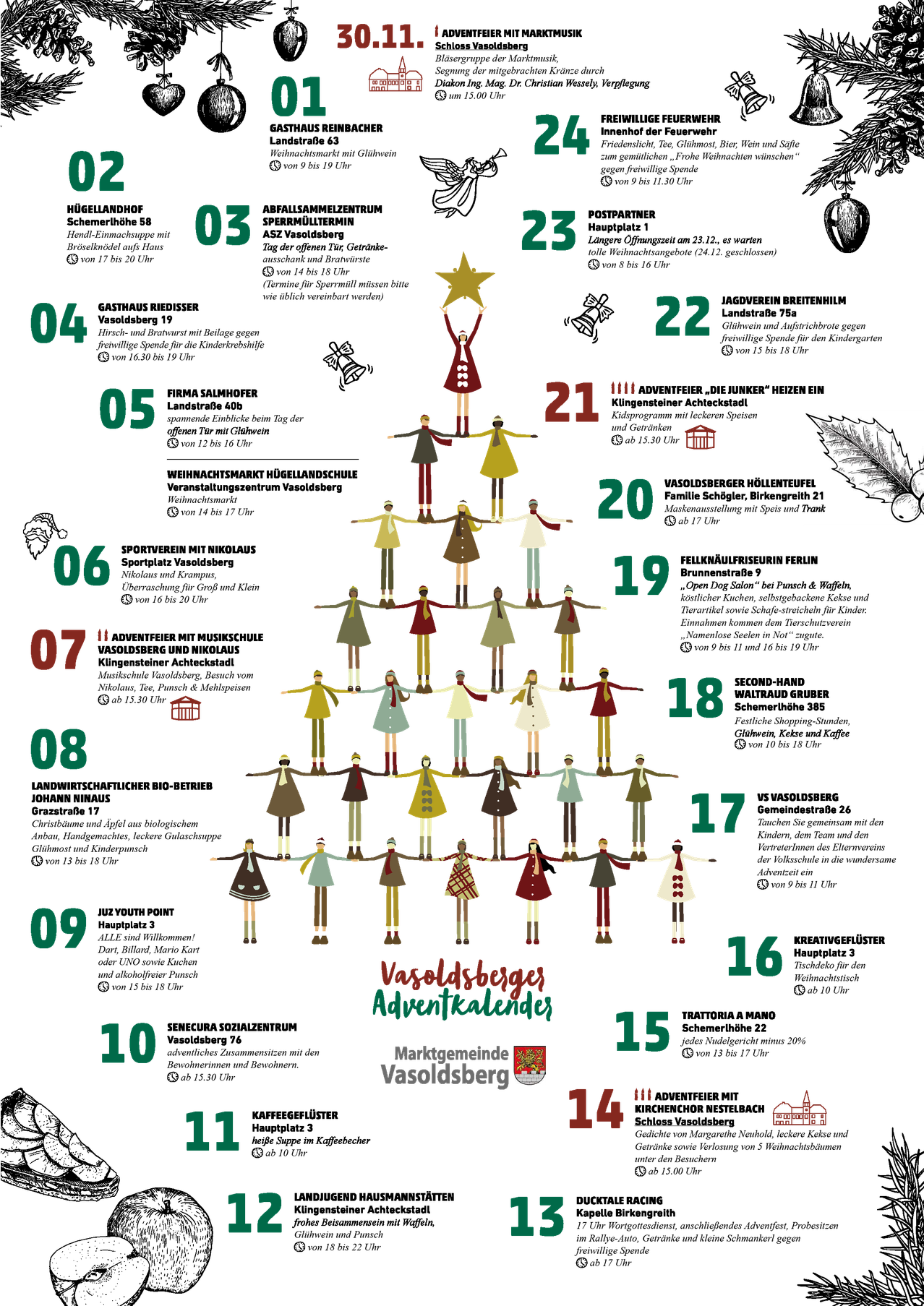 Eine Weihnachtsbaumfigur, bestehend aus Personen, die mit Nummern von 03 bis 16 beschriftet sind und in einer Reihe stehen. Der Baum hat einen Stern oben. Rechts befindet sich eine Zeichnung eines Stechpalmenblattes.